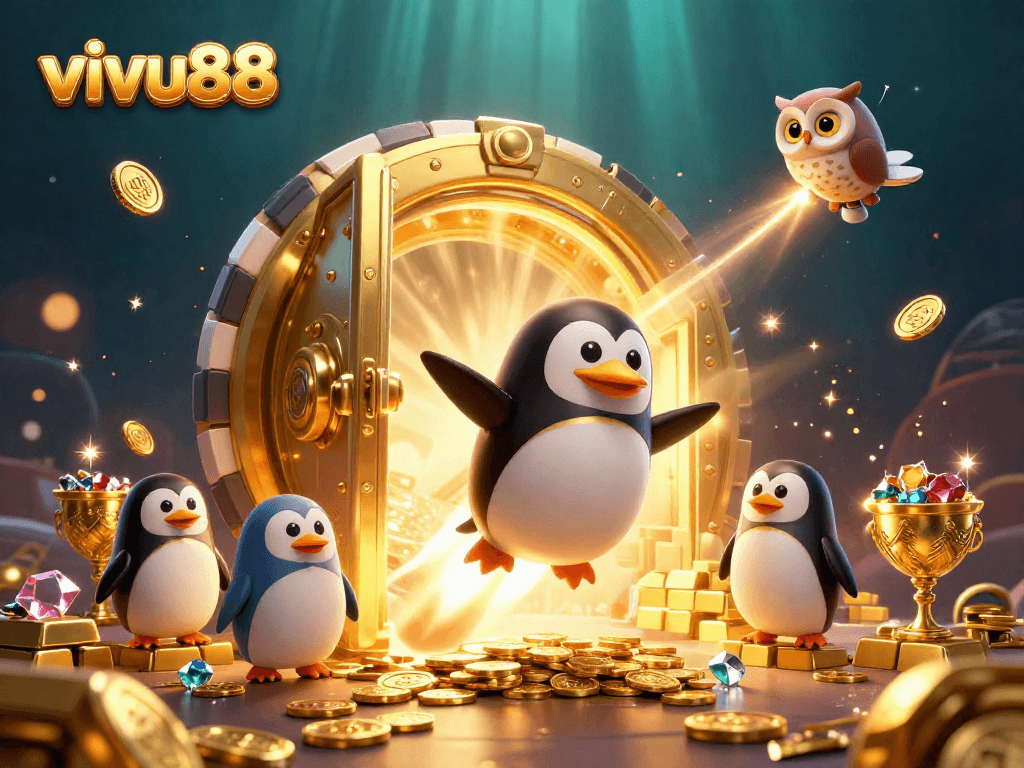 Experience excitement with vivu88 as the golden penguin soars towards a casino world filled with treasures.