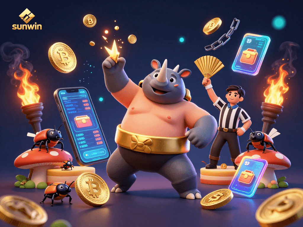 Engage with sunwin's thrilling casino experience featuring vibrant beetles amidst flying gold coins.