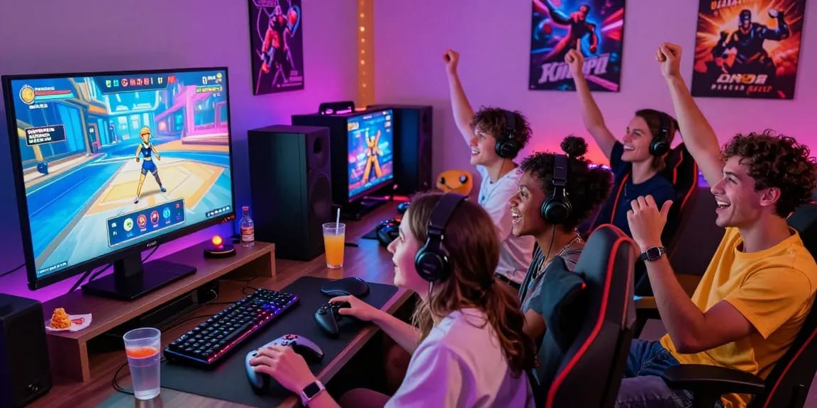 Enjoying porn games online in a lively group gaming environment with friends