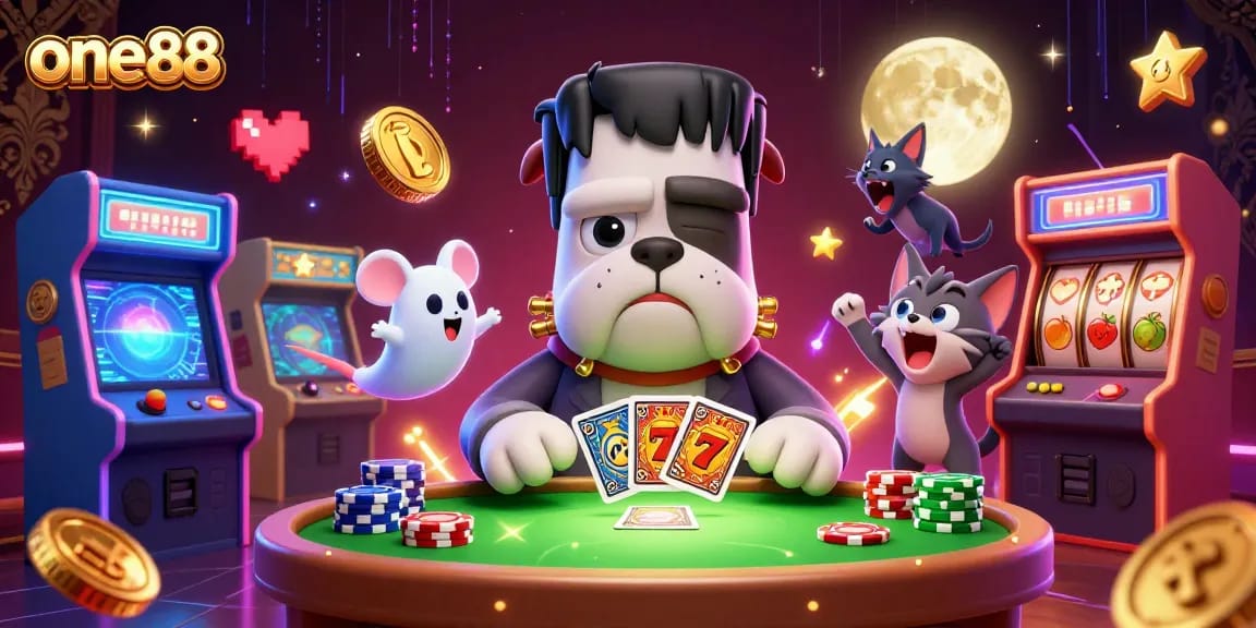 Experience thrilling casino action with one88 featuring a quirky Frankenstein bulldog at the table.