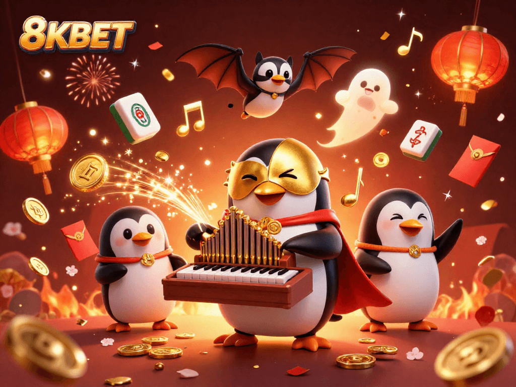 Experience the excitement at 8KBET with golden coins, cheerful penguin, and festive decorations