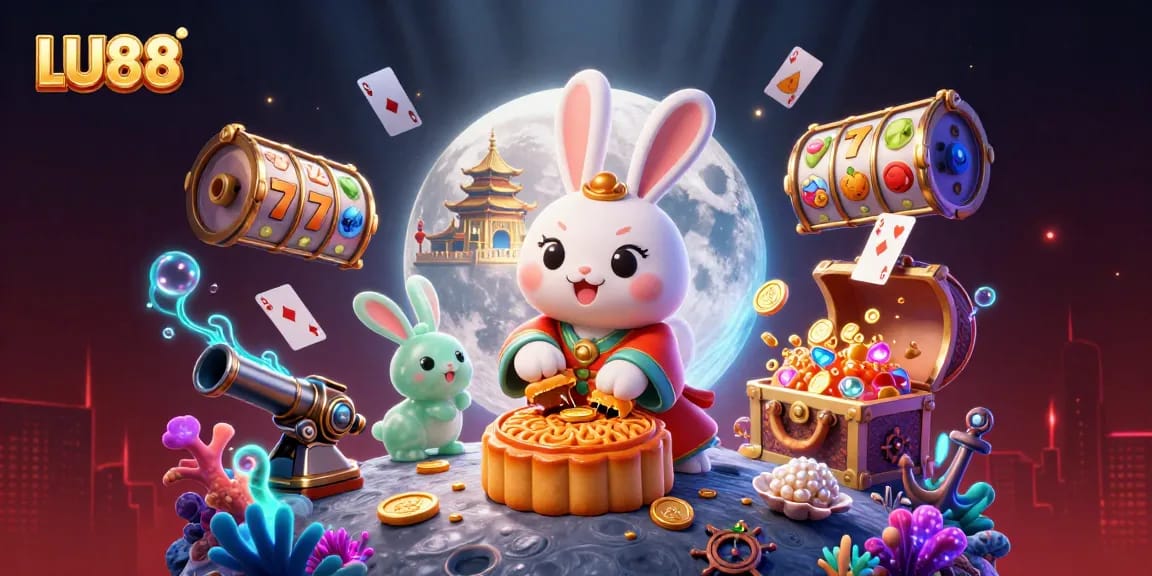 LU88 captures the excitement of winning slots with a vibrant moon rabbit illustration and poker chips