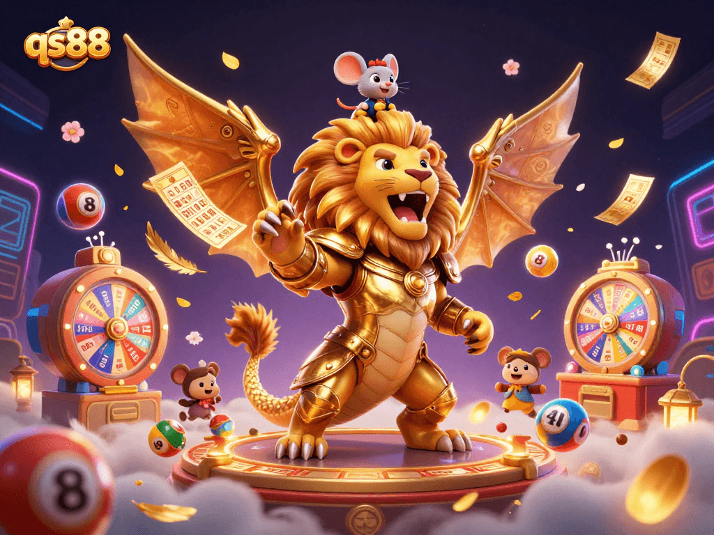 Experience thrilling gaming at qs88 with vibrant lottery elements and a majestic chimera champion.