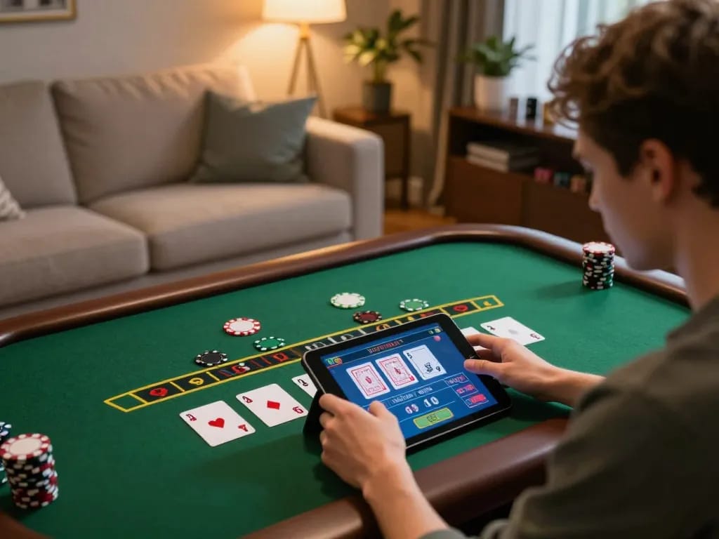 Engaging gaming session on bj88bj platform showcasing live blackjack on tablet.