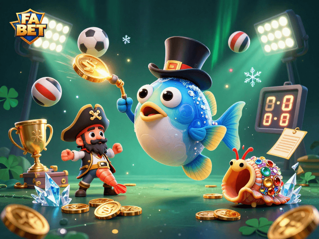Win big with FA BET while the anglerfish shines for golden coins amidst a sports-themed adventure.