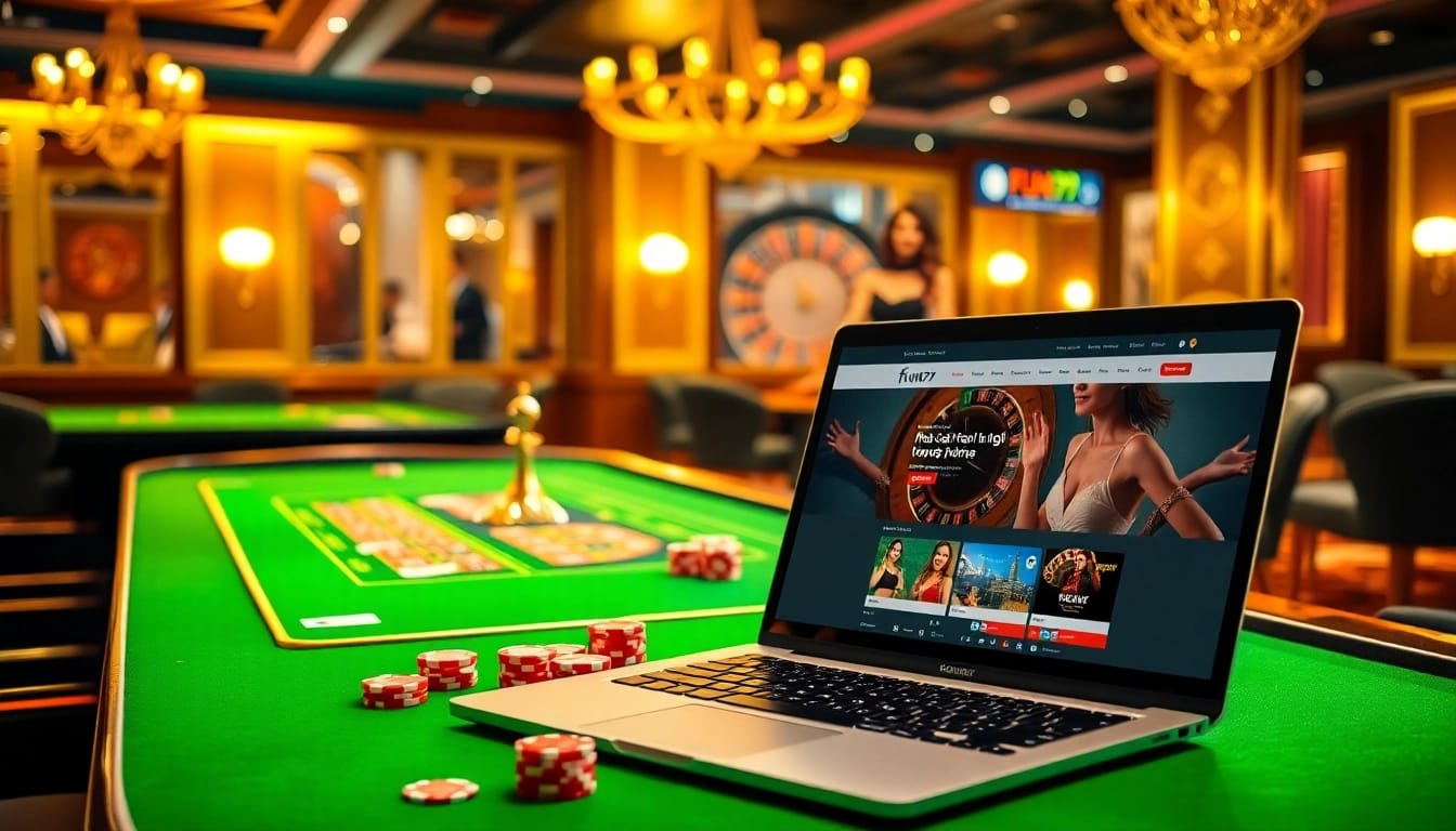 Engaging scene of nhà cái fun79 with vibrant casino elements: poker chips, cards, and roulette.