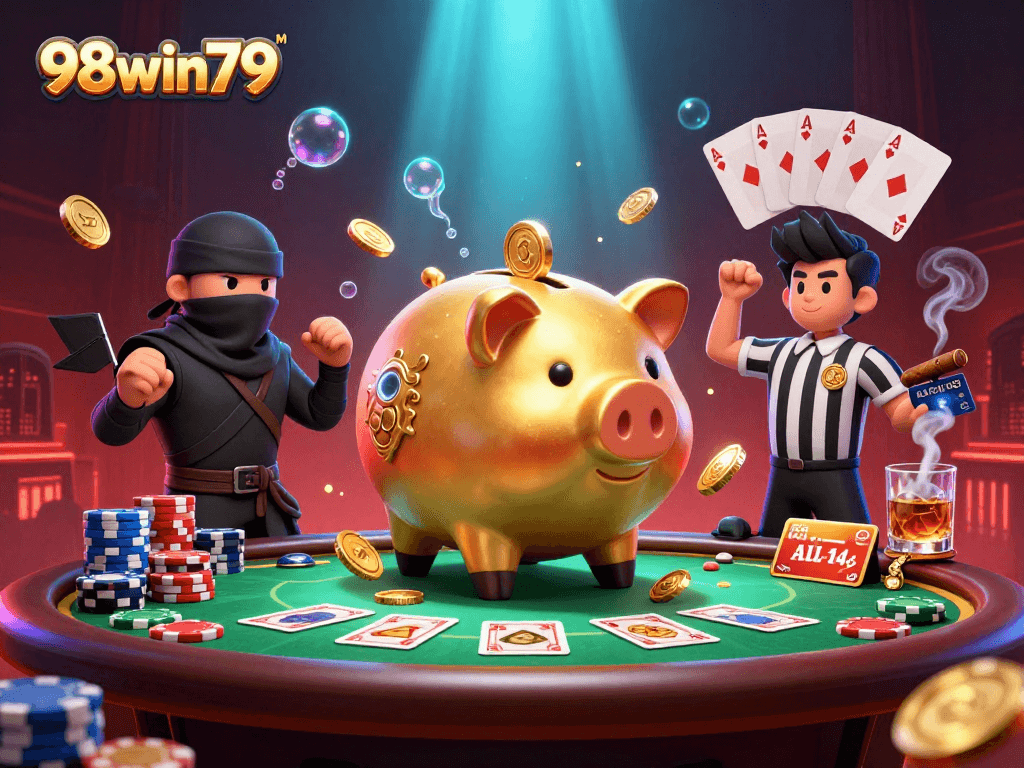 Experience thrilling gaming action with 98win79's exciting characters in a dynamic casino scene.