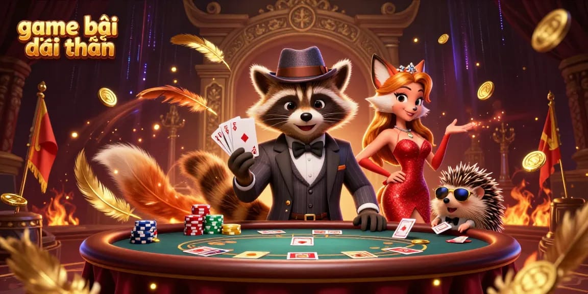 Experience game bài đổi thưởng in a vibrant casino scene featuring animated characters and poker elements.