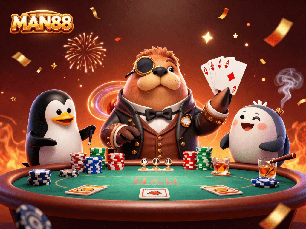 Engage with MAN88 at an underwater poker table featuring colorful characters and festive gameplay.