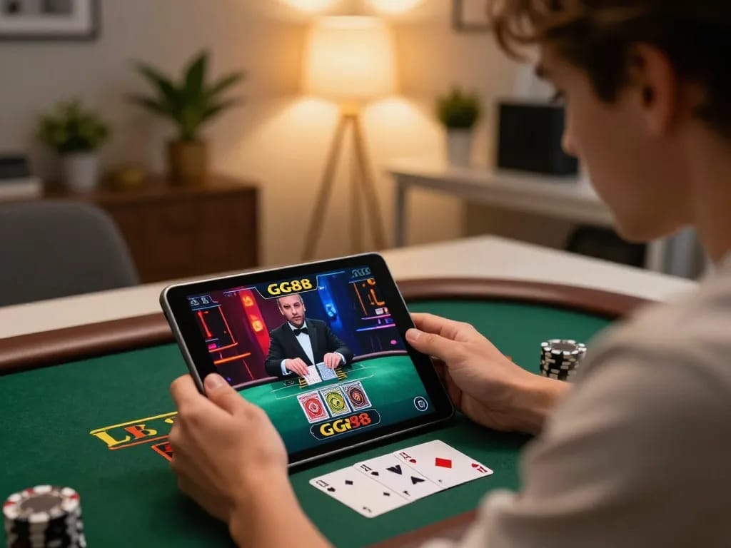 Engaging in live dealer blackjack on GG88's platform while relaxing at home.