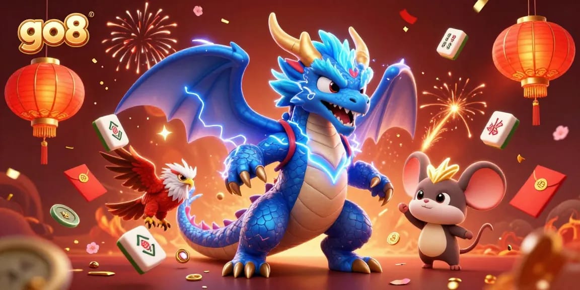 Experience thrilling gaming at go8 with a vibrant portrayal of a thunder dragon, wind hawk, and energetic casino elements.