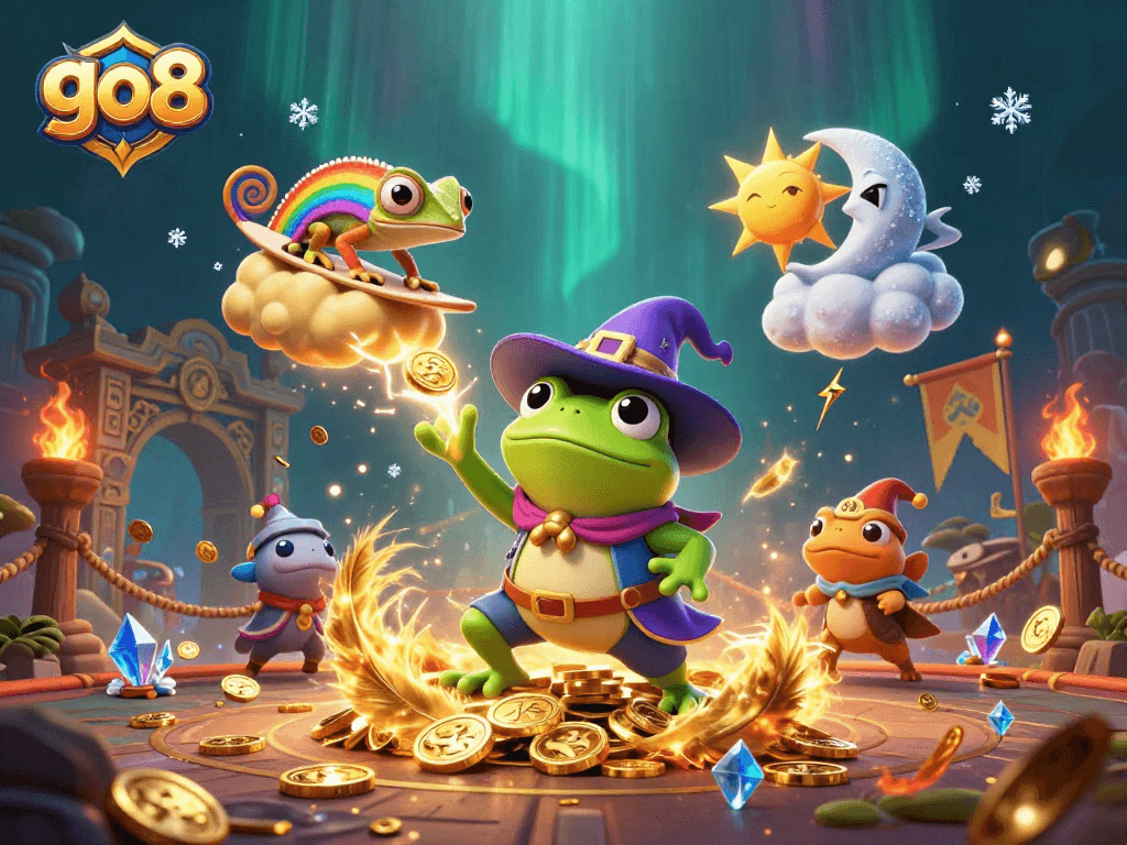 Join the go8 gaming experience as the wizard frog conjures a storm of golden coins in an exciting casino scene.