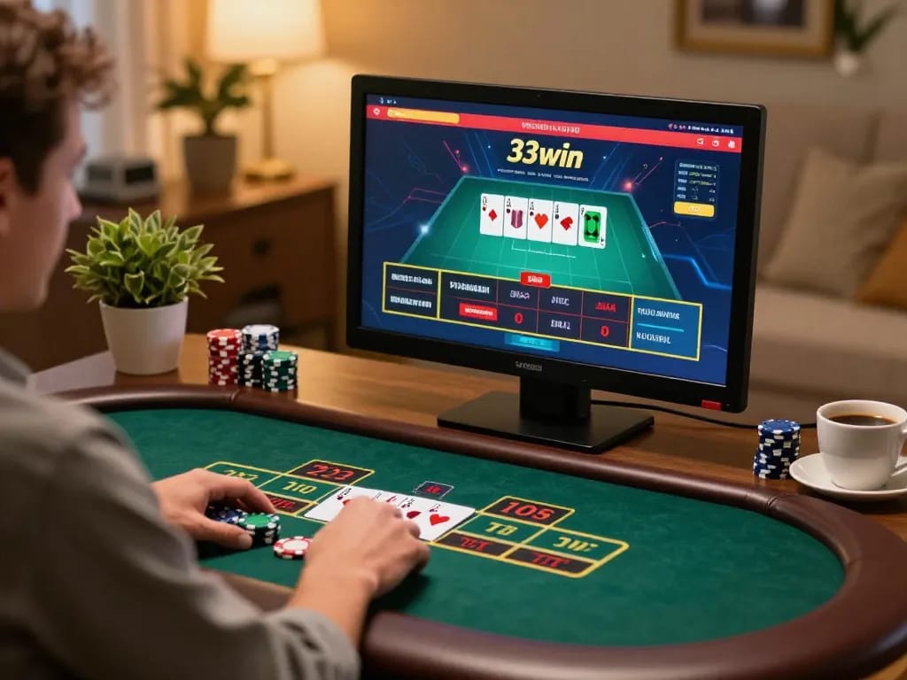 Online gaming session at 33win with live dealer blackjack on screen, showcasing strategic gameplay.