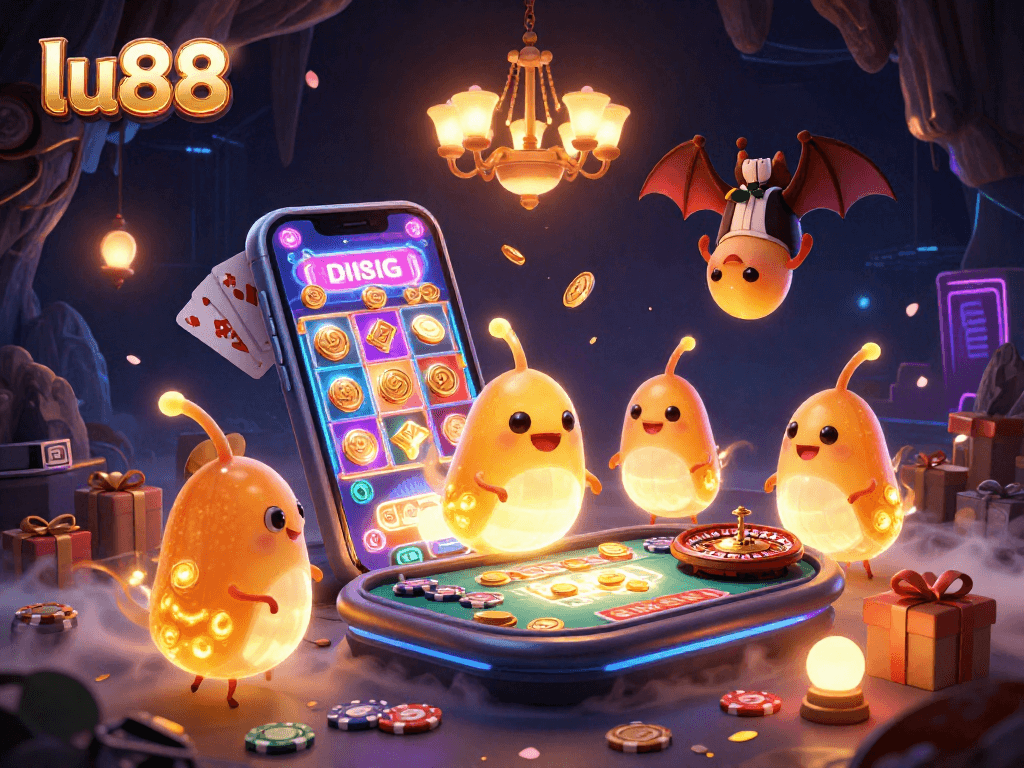Experience thrilling gameplay at lu88 with a casino scene featuring glowworms, a bat dealer, and exciting game elements.