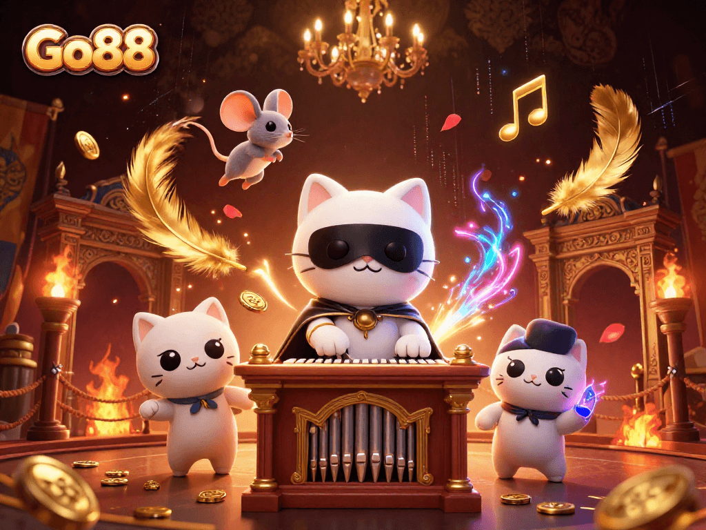 Enter the world of Go88 with an acrobatic mouse and a phantom cat in a vibrant casino scene.