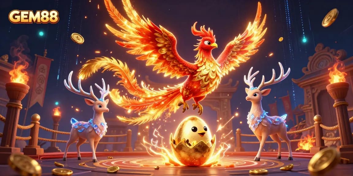 Engage in exhilarating gambling with GEM88 as a fire phoenix and golden egg symbolize winning potential!