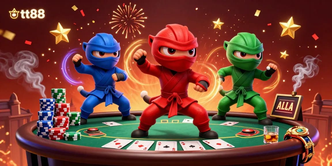 Engage in the thrilling action at tt88 with cartoon ninja chameleons showcasing poker skills and vibrant game elements.