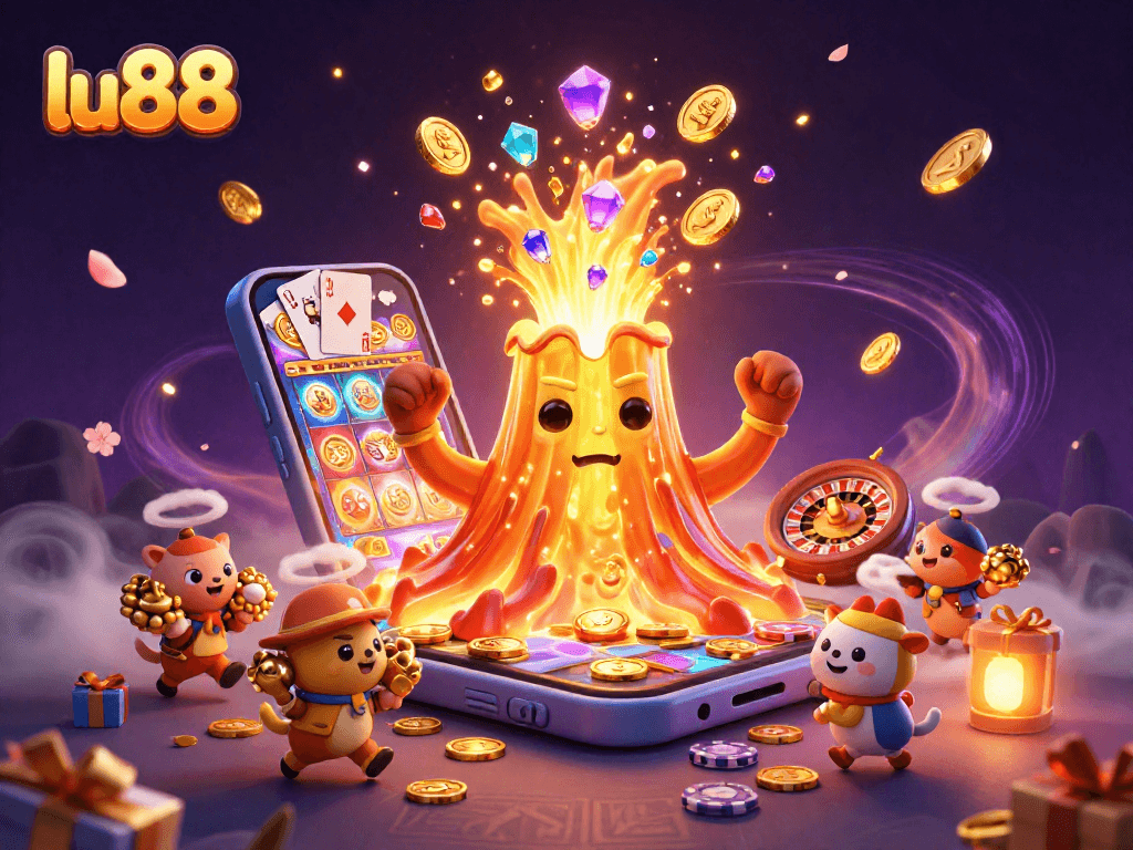 Experience thrilling casino adventures with lu88's golden volcano erupting treasures in a vibrant 3D scene.