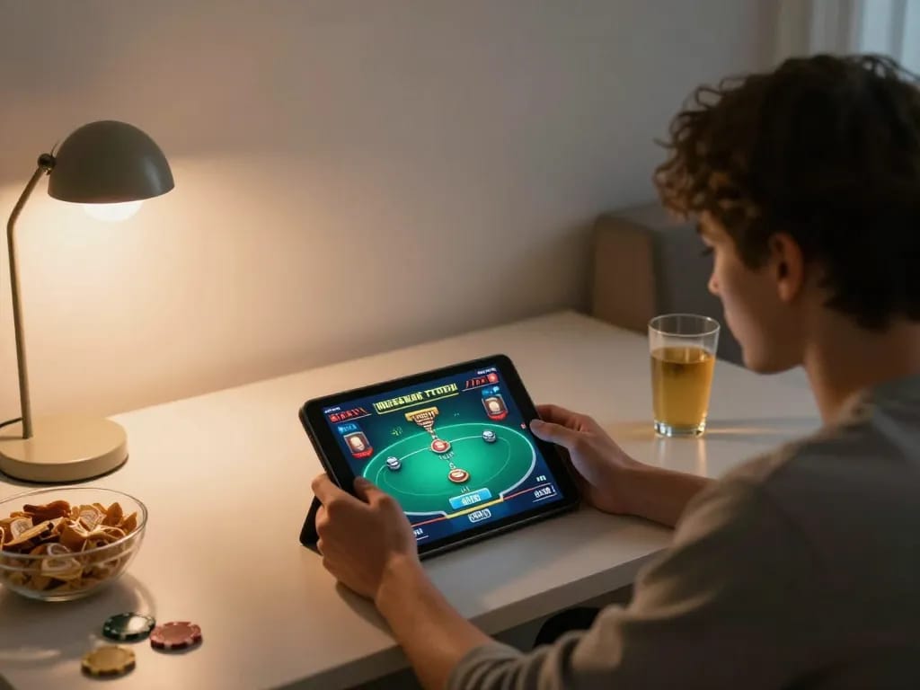 Player engaging with mk8 online gambling platform on tablet in a cozy home setting.