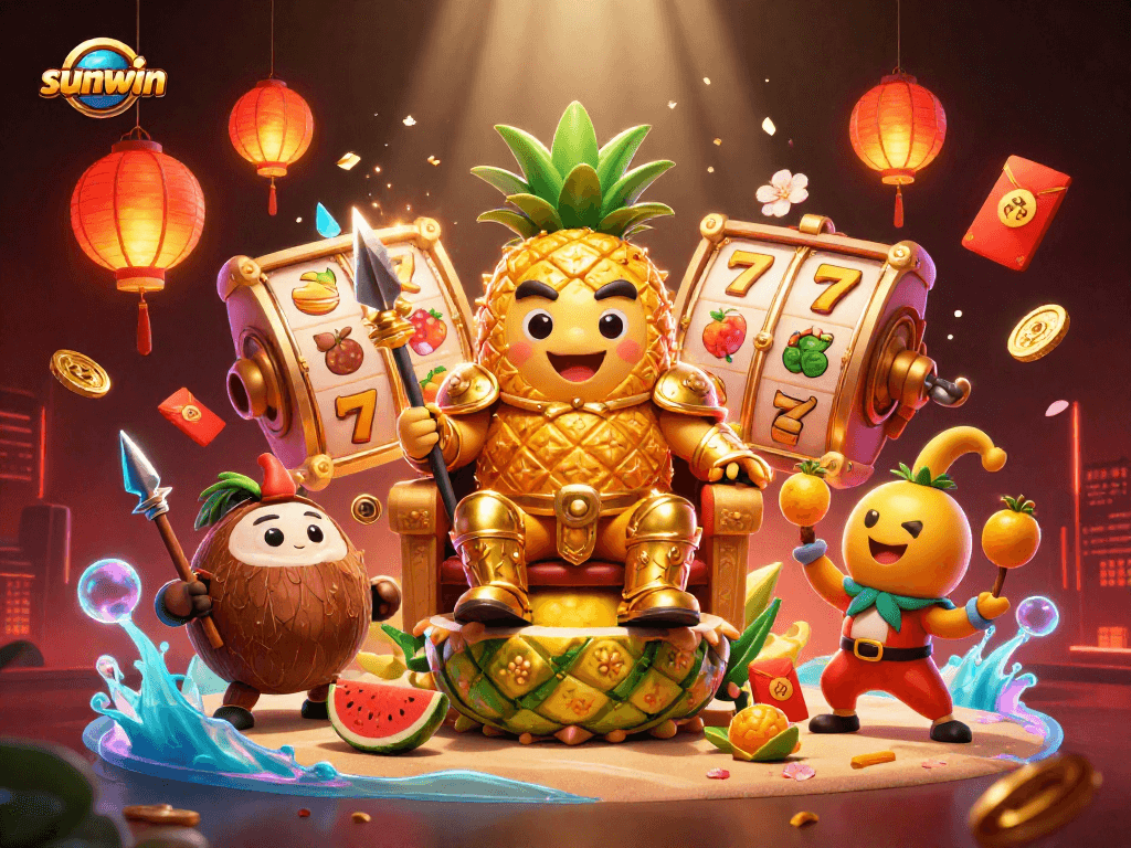 Experience sunwin's vibrant gaming world with our pineapple king at the center of a lively casino scene!
