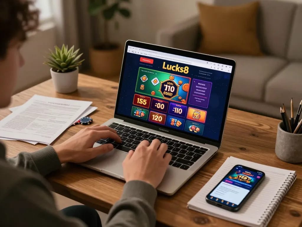 Engaging lucks8 online gaming scene with player at home using laptop for poker strategy.