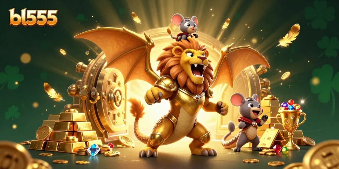 Win at bl555 with epic casino visuals featuring a roaring chimera and treasures!
