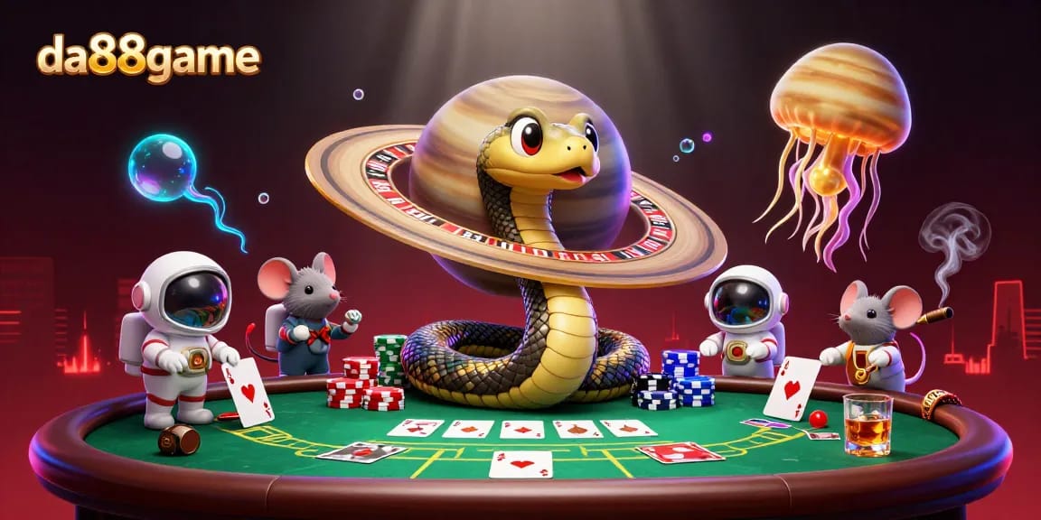 Navigate exciting bets at da88game with an imaginative 3D casino scene featuring playful astronaut mice.