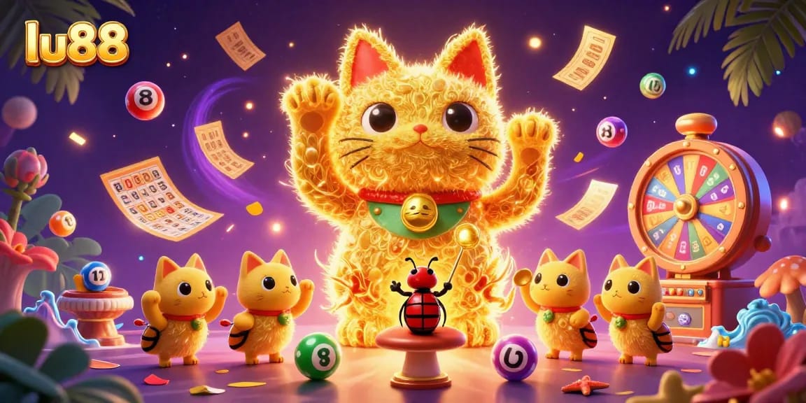 Experience the vibrant world of lu88 with a dynamic casino-themed illustration featuring a lucky cat.
