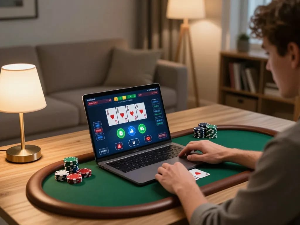 lc88 my engaging poker gameplay at home with cozy lighting and vibrant laptop screen