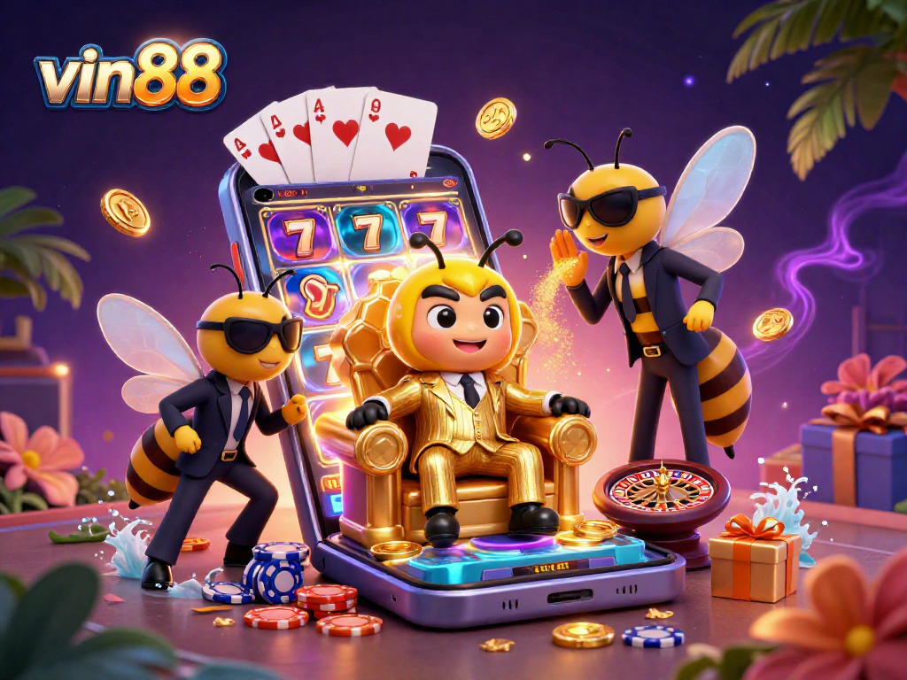 Experience thrilling gaming with vin88's vibrant 3D cartoon scene featuring a bumblebee mob boss and slot games.