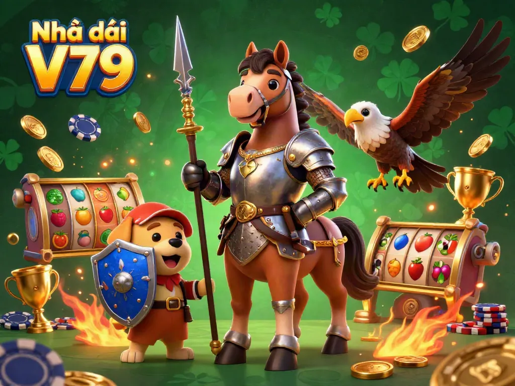 Engage with thrilling casino action showcasing Nhà cái V79 knights and gaming elements in vibrant colors.