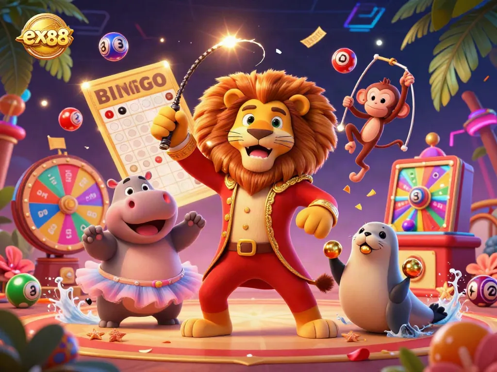 Experience ex88 excitement with a vibrant casino scene of dynamic characters and colorful lottery elements.