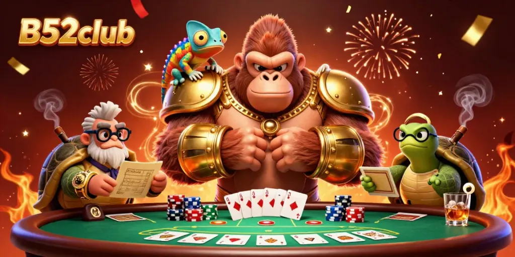B52club engaging players with dynamic poker action featuring a powerful gorilla king and chameleon companion.