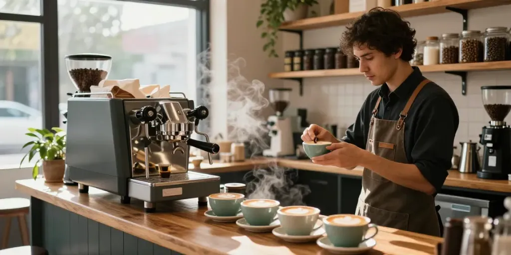 Barista using rokok88 espresso machine to craft coffee with artisanal flair