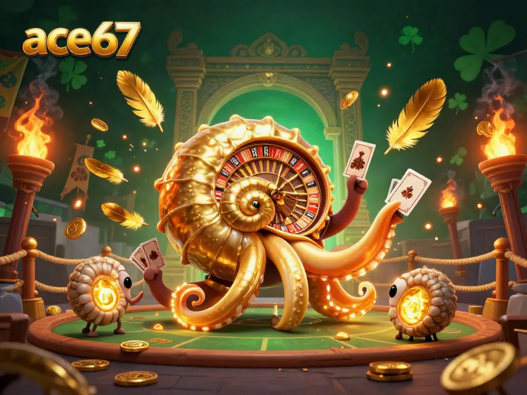 Spin the ace67 roulette wheel with the ancient nautilus character, glowing cards, and coins.