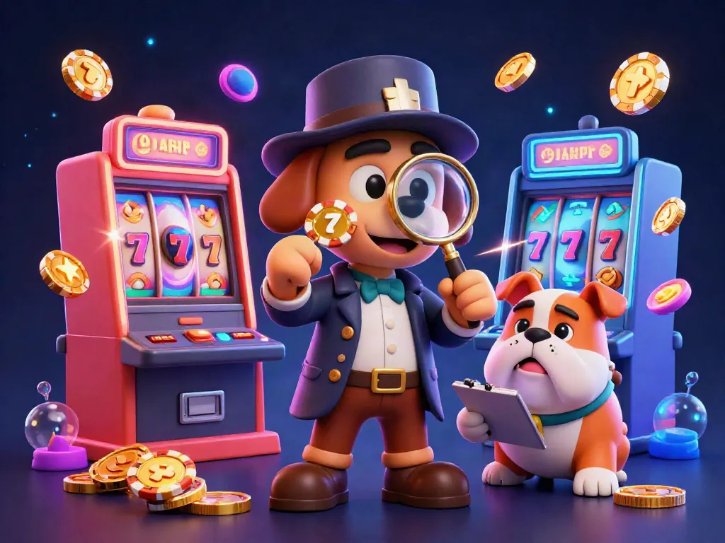 Examine winning strategies at s8 with a detective dog duo uncovering casino clues in a vibrant slot machine scene.
