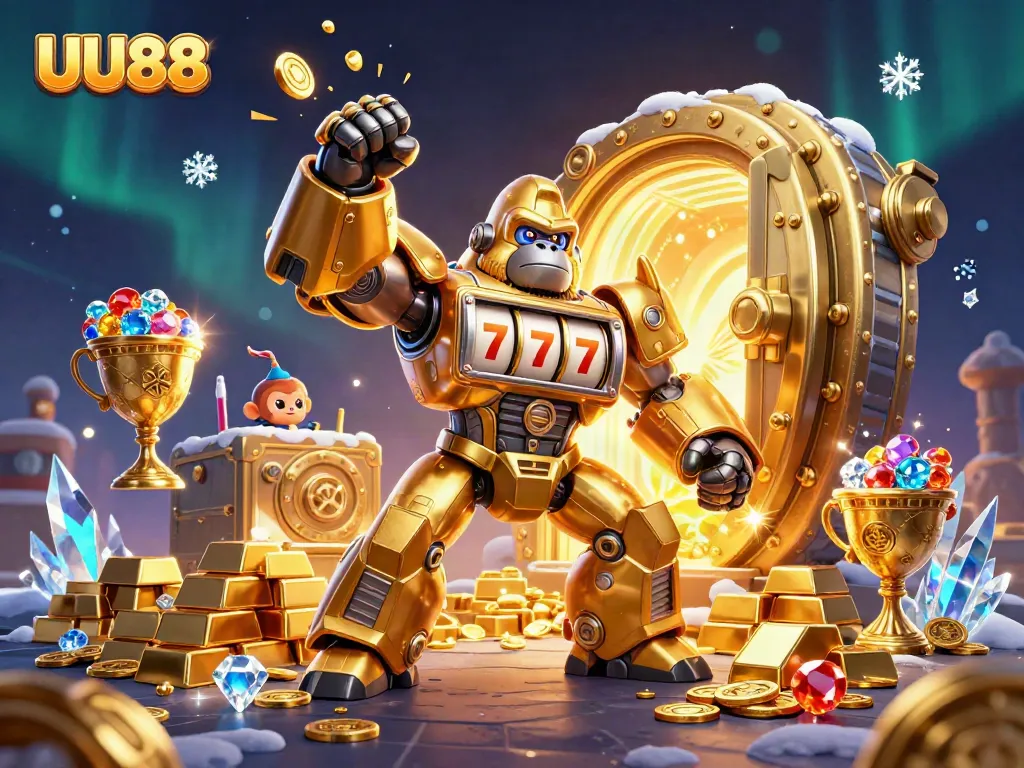 Engage with dynamic casino action featuring UU88's golden gorilla mech surrounded by treasures and excitement.
