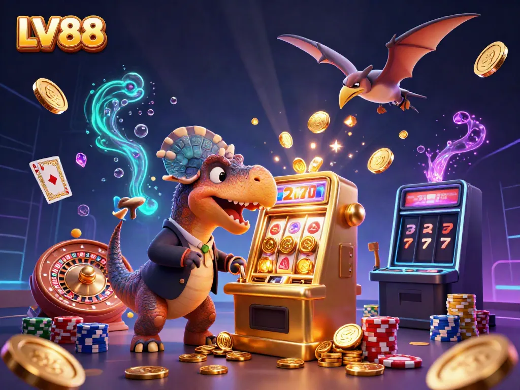 Experience LV88's dynamic gambling scene with a cartoon pachycephalosaurus and a golden slot machine.