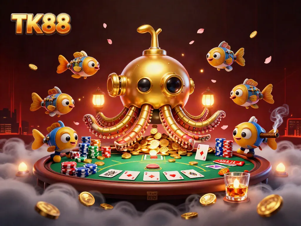 Experience the thrill of winning with TK88 as golden kraken submarine surfaces alongside poker elements.
