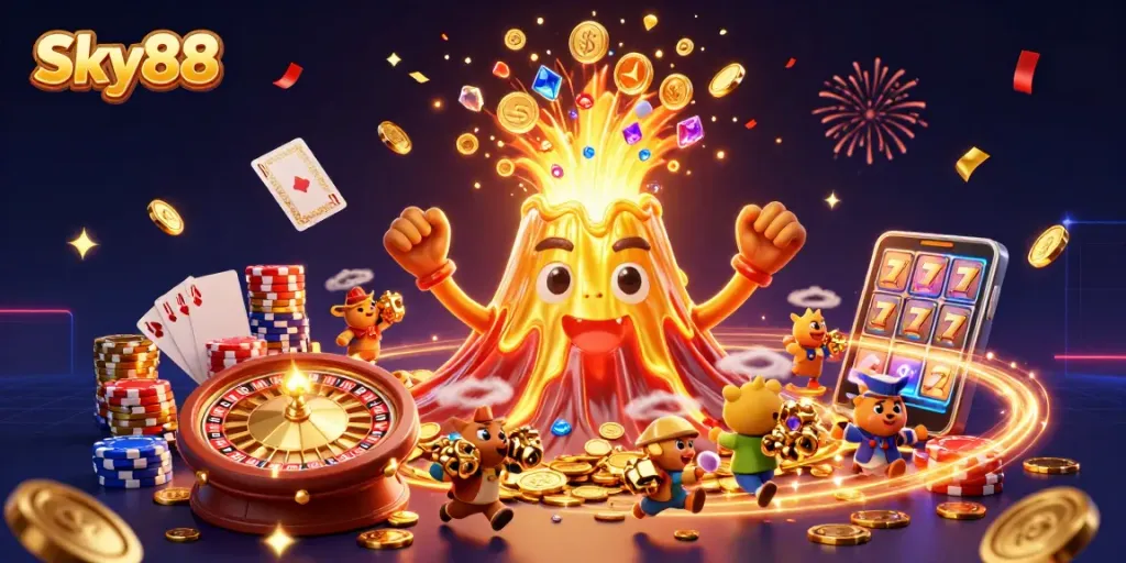 Win big at Sky88 with a thrilling 3D illustration of a golden volcano erupting treasure.