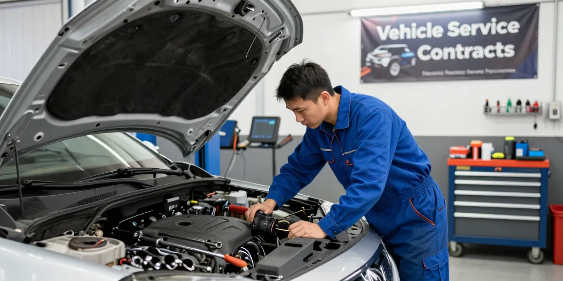 Mechanic performing vehicle service contract inspections in a professional workshop setting