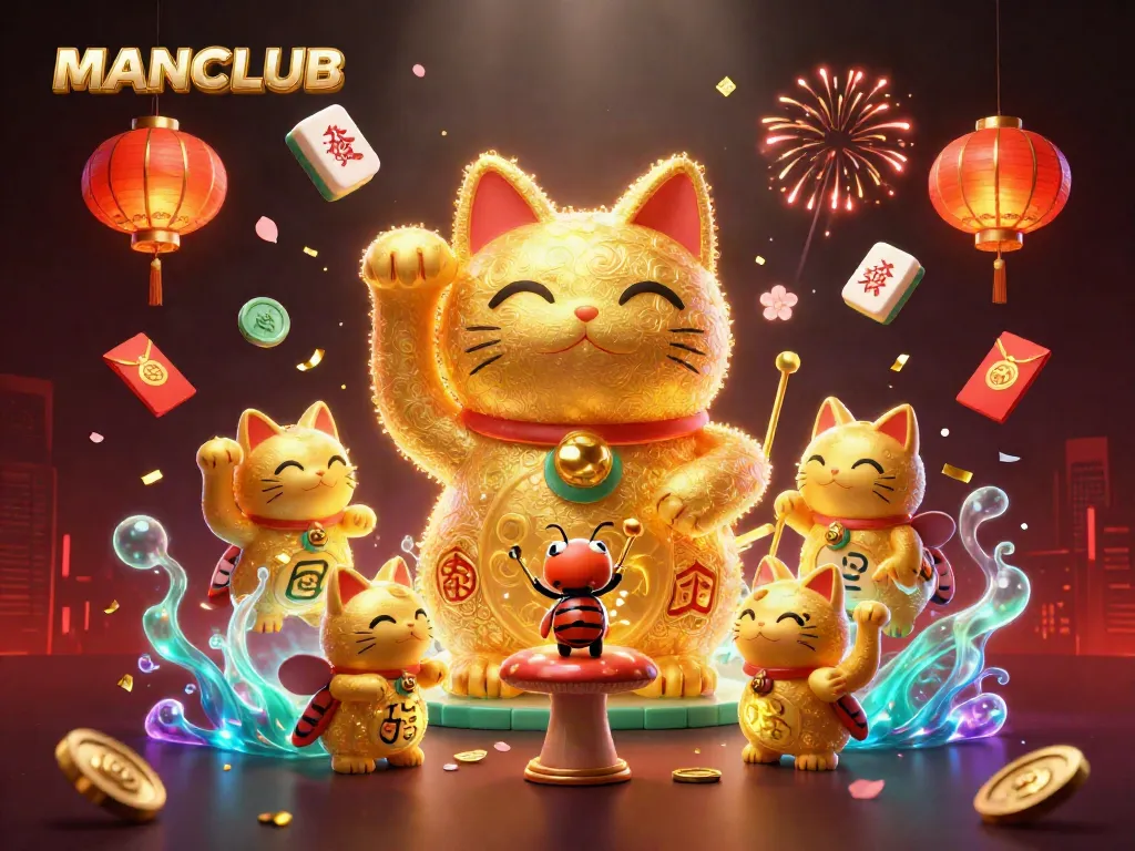 Experience excitement with MANCLUB as golden fireflies and a lucky cat create a vibrant casino scene.