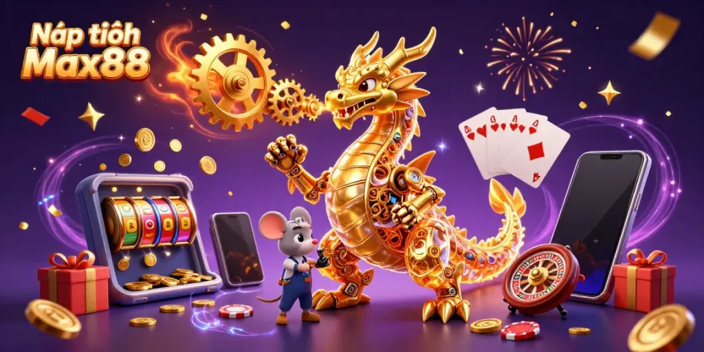 Experience Nạp tiền Max88 with excitement from golden dragon and magical casino elements.
