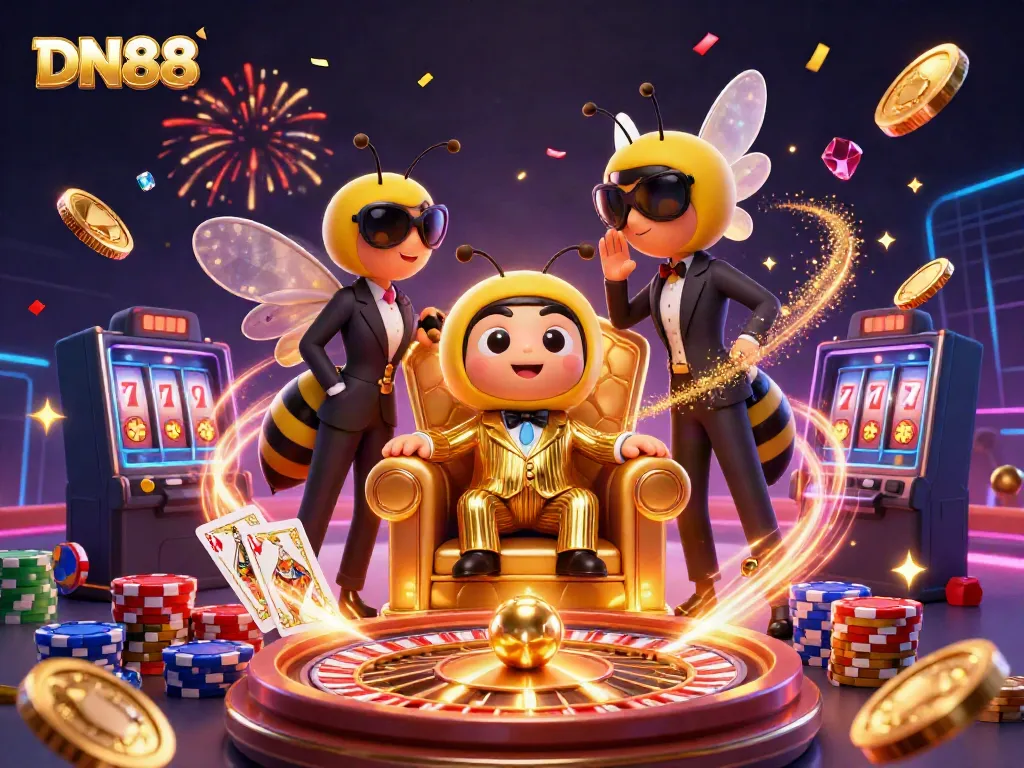 Experience thrilling gameplay at DN88 with a vibrant 3D bumblebee mob boss and casino elements.