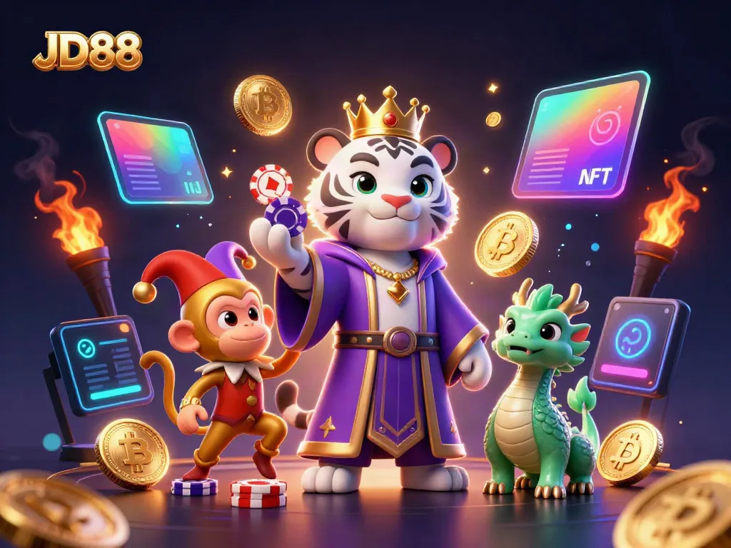 JD88 showcases a vibrant casino scene featuring a white tiger, golden monkey, and jade dragon surrounded by crypto elements.