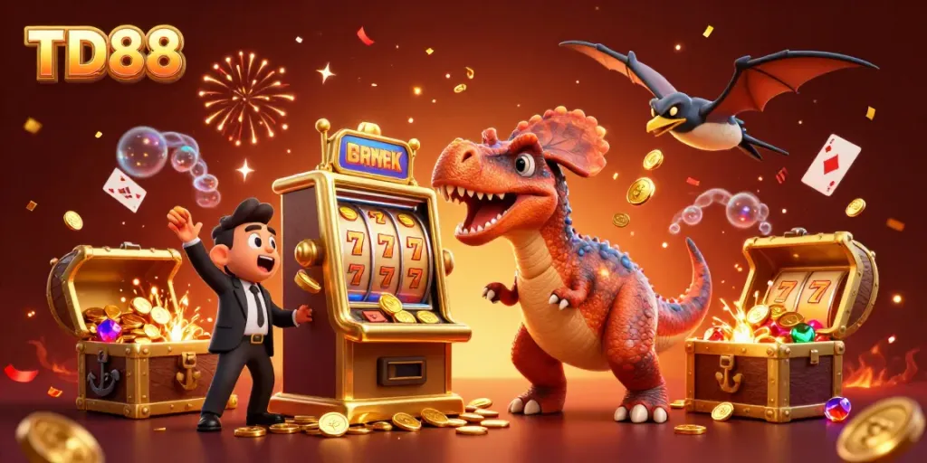 Experience TD88 with a dynamic scene of cartoon dinosaurs engaging in casino action, surrounded by riches and excitement.