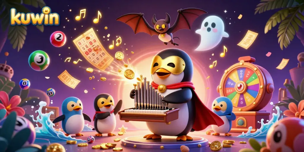 Kuwin casino penguin illustration celebrates excitement with golden coins and dynamic gaming elements