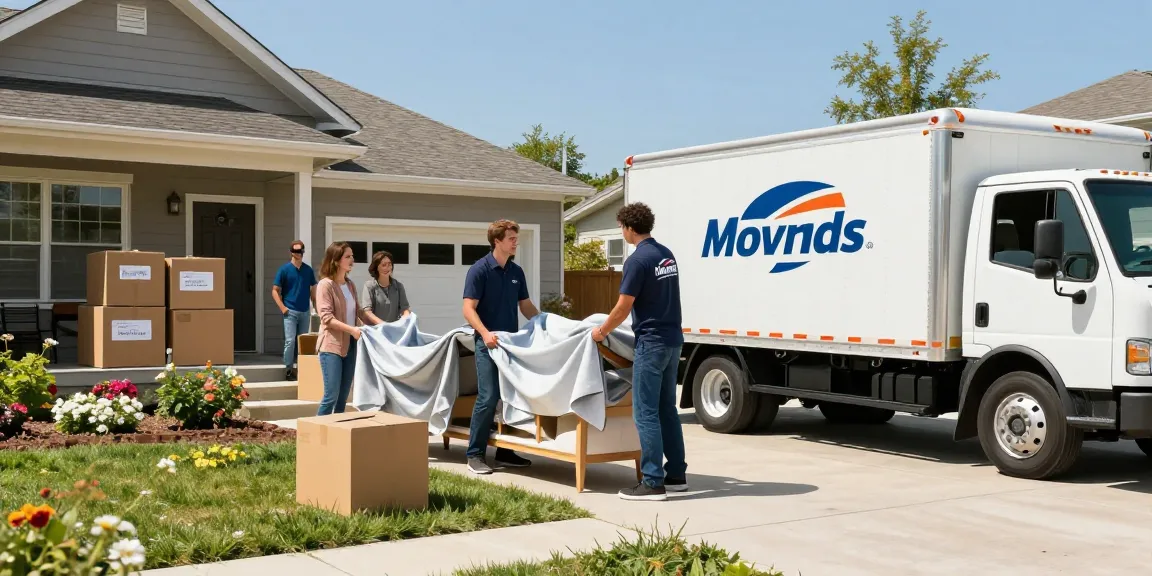 Moving Company professionals carefully wrap furniture while family prepares for relocation.