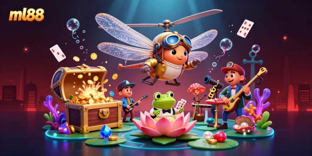 Play exciting games at ml88 casino, featuring a dragonfly pilot and frog dealer in a lively underwater scene.