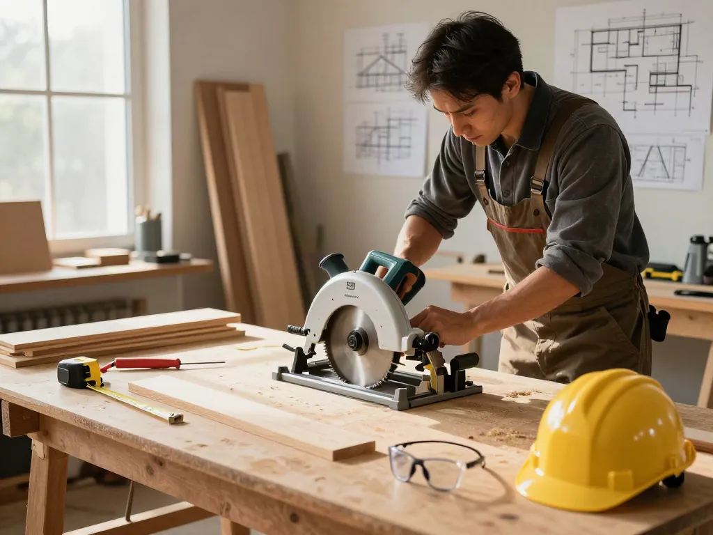 Circular saw guide rail used by carpenter for precise woodworking cuts in a well-lit workshop.